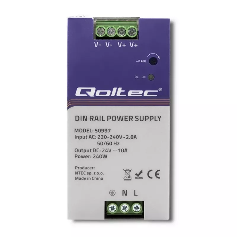 DIN bėgio maitinimo šaltinis QOLTEC 50997 240W 24V 10A