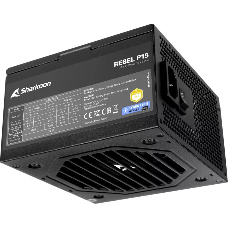 Maitinimo blokas Sharkoon Rebel P15 750, 750W, 1x 12 kontaktų didelės galios GPU jungtis, 4x PCIe, moduliniai kabeliai