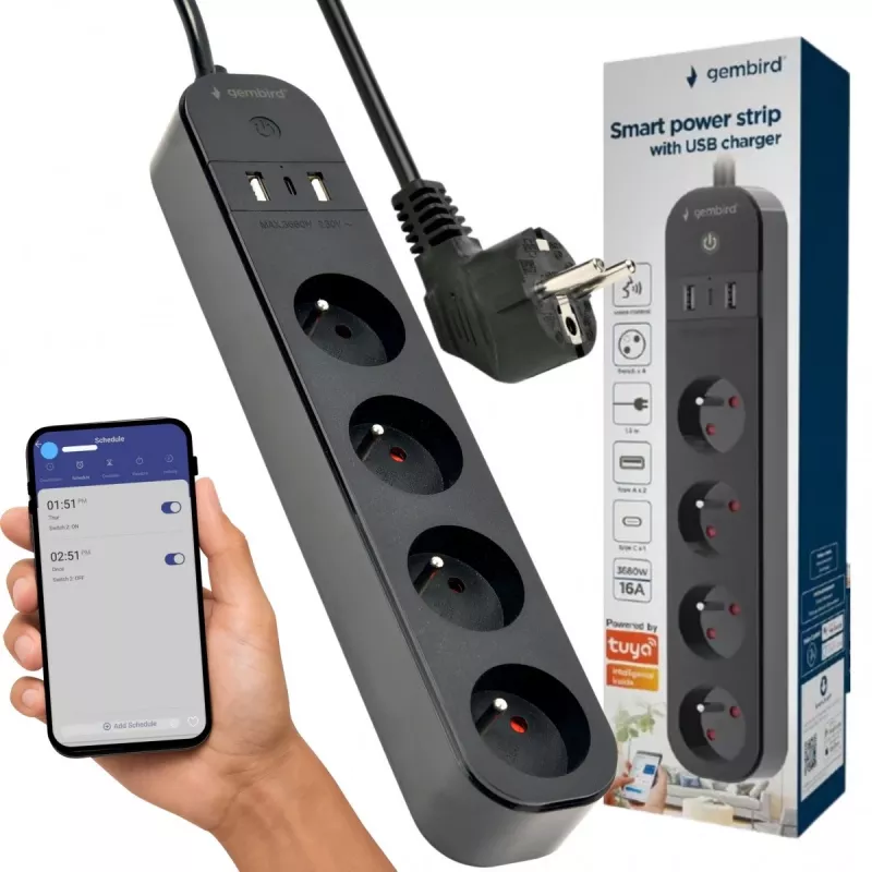 Maitinimo šakotuvas GEMBIRD TSL-PS-F4U-02 su 4 PL lizdais ir USB įkrovikliu, juodas