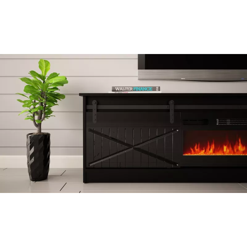 TV staliukas su židiniu Cama Meble GRANERO modelis — 200 x 56,7 x 35 cm, juoda/juoda blizgi, 2 durys, 2 lentynos, stumdomos durys, MDF/medžio drožlių plokštė