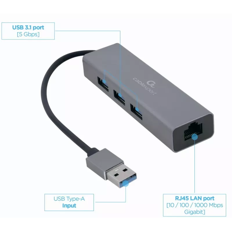 USB grafikos adapteris Gembird A-AMU3-LAN-01 — USB Type-A, USB 2.0/3.2 Gen 1, 0,17 m laidas, 50 g