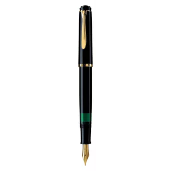 Pelikan M200, juoda, auksinė, integruota pildymo sistema, derva, auksinis, kursyvinis plunksnagalis, auksinis, nerūdijantis plienas