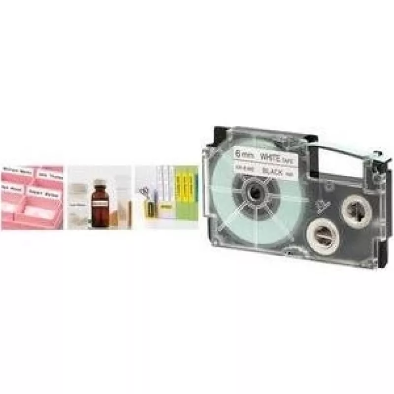 Etikečių juostelė CASIO XR-6RD1 — 6 mm plotis, 8 m ilgis, juoda ant raudono