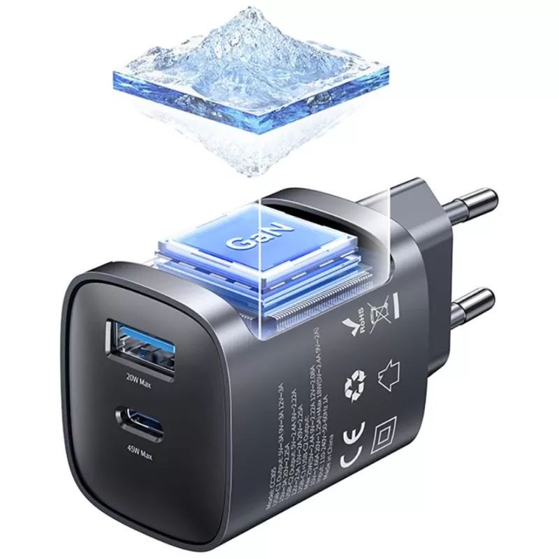 Įkroviklis T66 45W GaN CC290 USB-A + USB-C