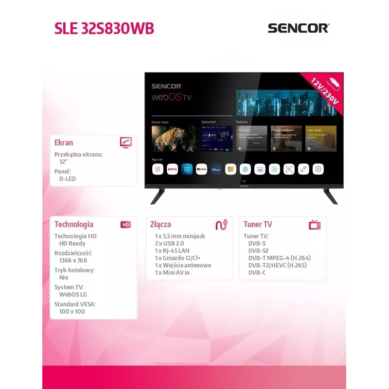 Televizorius SENCOR SLE 32S830WB 32 colių LED išmanusis webOS 12V BT5.0