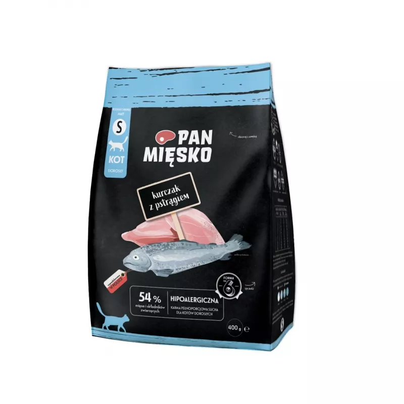 Sausas kačių pašaras Pan Miesko Chicken with Trout S, visavertis sausas pašaras, 400 g, 39 % baltymų, 16 % riebalų