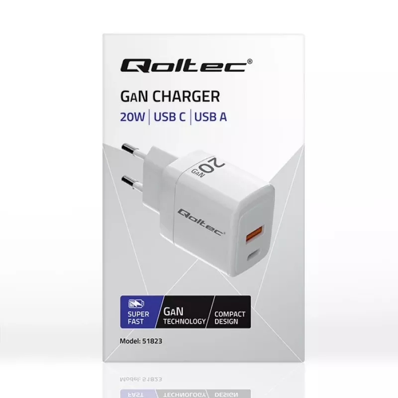 GaN įkroviklis QOLTEC 51823 20W USB maitinimo adapteris, 5V/20V išvestis