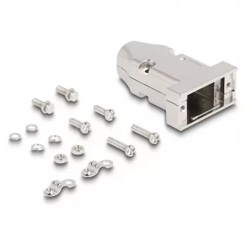Kabelio įvorė DELOCK D-Sub korpusas 9 kontaktų kištukui/lizdui su įtempimo sumažinimu, sidabrinė, plastikinis, 31.6×46.2×15.6 mm