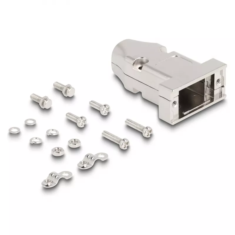 Kabelio įvorė DELOCK D-Sub korpusas 9 kontaktų kištukui/lizdui su įtempimo sumažinimu, sidabrinė, plastikinis, 31.6×46.2×15.6 mm