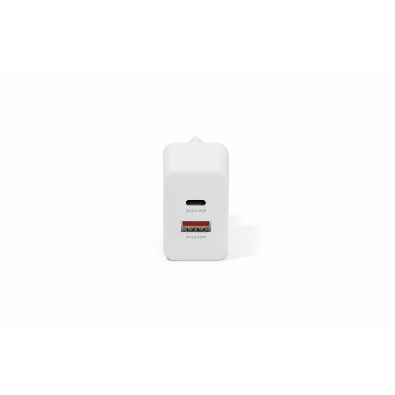 AC vidaus USB GaN įkroviklis DIGITUS DA-10301 — 30W, 1× USB-C, 1× USB-A, 100–240V, balta