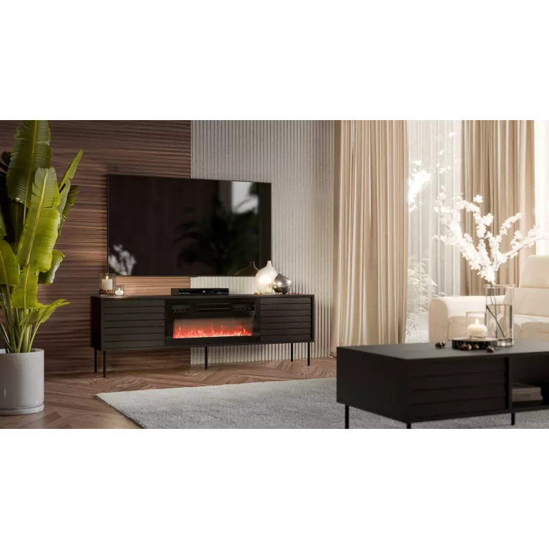 TV spintelė Cama Meble CORTINA 180x40x60 cm juoda su juodu židiniu