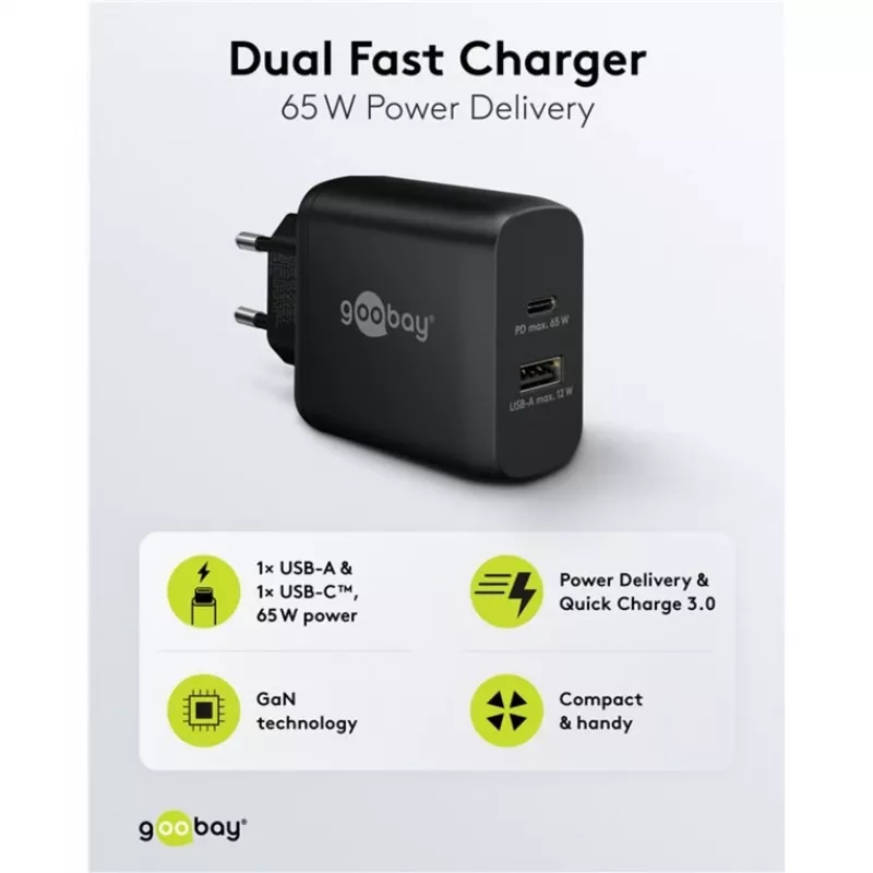 USB-C dvigubas greitasis įkroviklis, PD, GaN, 65 W (juodas, 1x USB-C, 1x USB-A, maitinimo tiekimas)