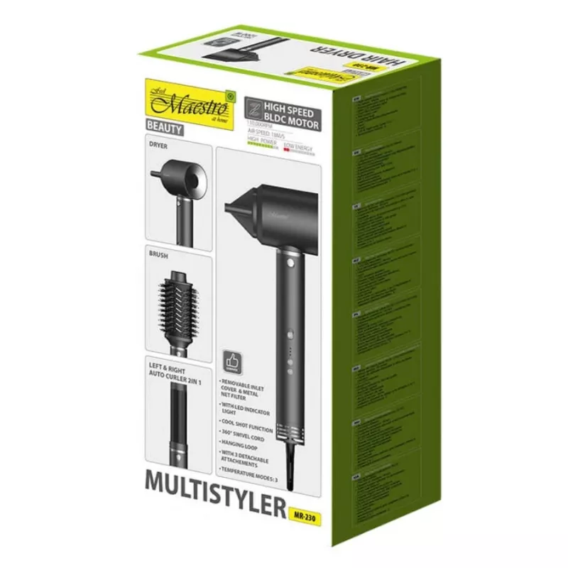 Multistyler 3in1 plaukų priežiūros rinkinys Maestro MR-230 — plaukų džiovintuvas, šepetys-džiovintuvas ir automatinis garbanojimo įrenginys, 1200 W, BLDC variklis, 3,5 cm garbana, 2 šilumos lygiai, juodas