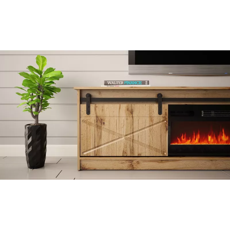 TV cabinet Cama Meble GRANERO su židinio spintele, Wotan ąžuolas, 2000×350×567 mm, 2 durelės, 2 lentynos