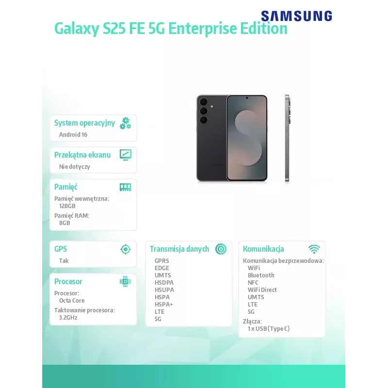 Išmanusis telefonas „Samsung Galaxy S25 FE S731“ 6,7 colio „Dynamic AMOLED 2X“, 8 GB RAM, 128 GB, 5G, 50 MP triguba kamera, 4900 mAh, IP68, „Jet Black“