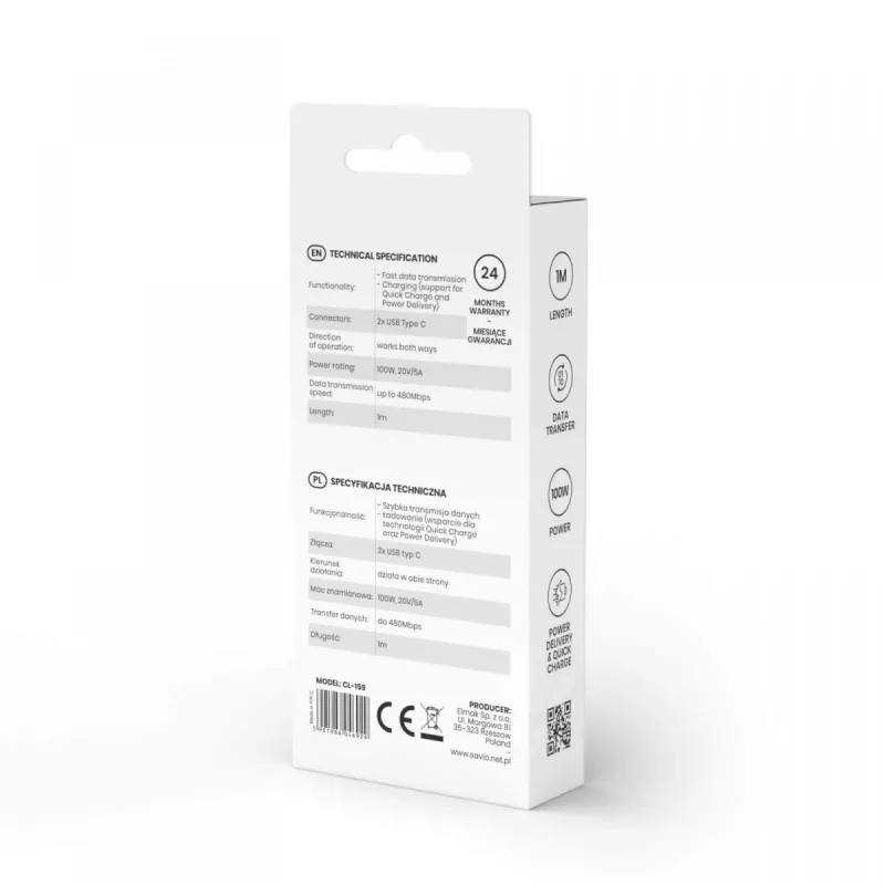 USB C į USB C laidas SAVIO CL-159 1 m, USB 2.0 (480 Mbit/s), juodas, 2.1 A