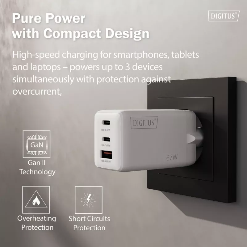 Sieninis įkroviklis DIGITUS DA-10303 67W GaN, 2× USB-C + 1× USB-A, 100–240V, baltas