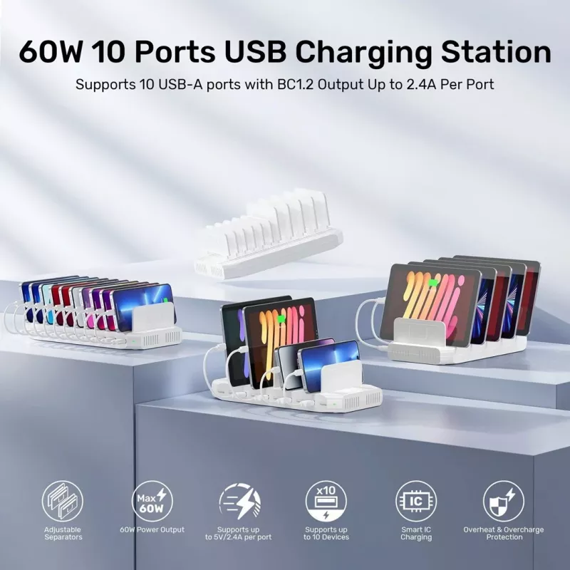 Unitek įkrovimo stotelė 10X USB 2.4A 60W balta