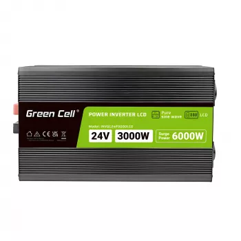 Automobilinis inverteris Green Cell INVGC24P3000LCD 24V 3000W grynoji sinusinė banga, 230V 50Hz, LCD, F tipas