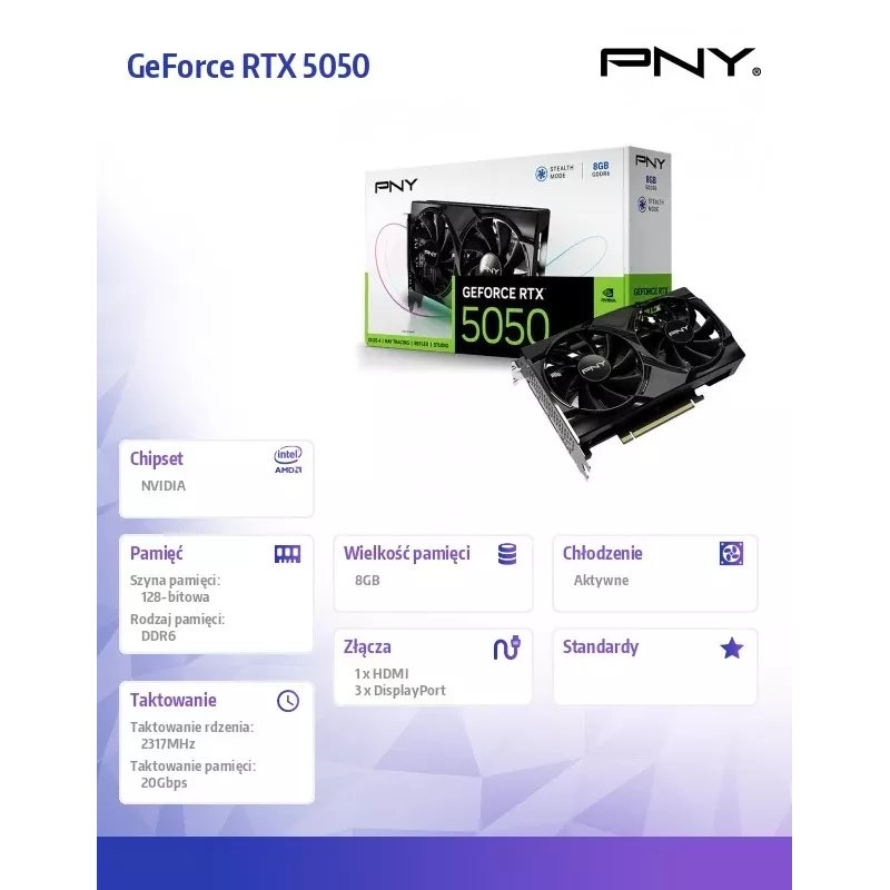 Grafikos plokštė PNY GeForce RTX 5050 — 8 GB GDDR6, 2317 MHz, 128 bitų, PCIe x8 5.0, dviejų ventiliatorių aušinimas