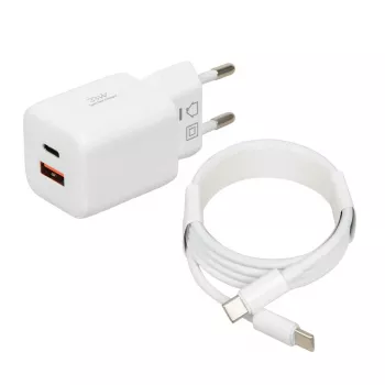 USB įkroviklis IBOX ILUC42W 42W (maks. 33W), 1×USB-C PD3.0, 1×USB-A QC3.0, 100–240V, baltas