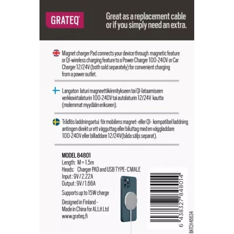 Belaidis įkroviklis GRATEQ USB-C magnetinis kilimėlis 1,5 m vidaus naudojimui balta