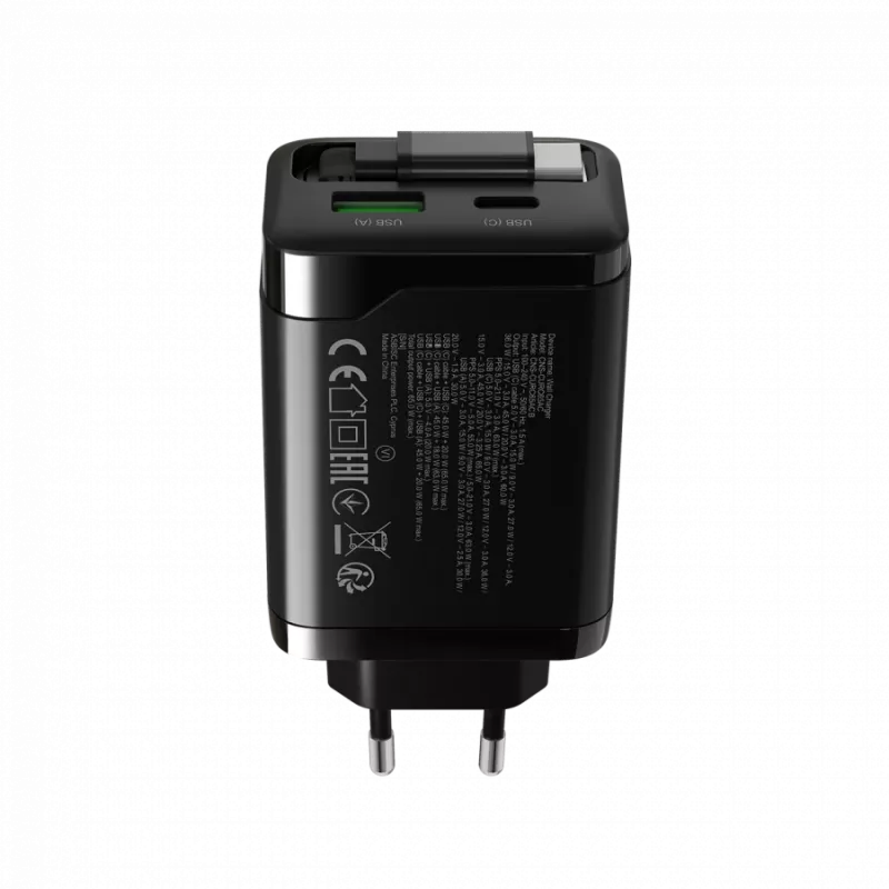 Įkroviklis CANYON OnCharge 65RC su integruotu USB-C laidu, 65W, 1x PD, 1x QC, ES kištukas, juodas