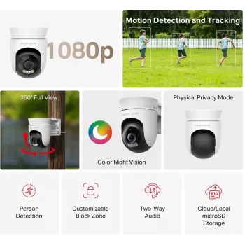 IP stebėjimo kamera MERCUSYS MC500 1080p WDR Wi‑Fi lauko lemputė IP65 PoE/DC 2 krypčių garsas 340° pasukimas 9x optinis priartinimas