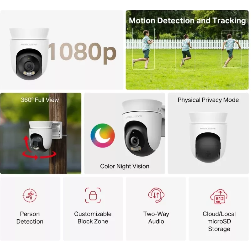 IP stebėjimo kamera MERCUSYS MC500 1080p WDR Wi‑Fi lauko lemputė IP65 PoE/DC 2 krypčių garsas 340° pasukimas 9x optinis priartinimas
