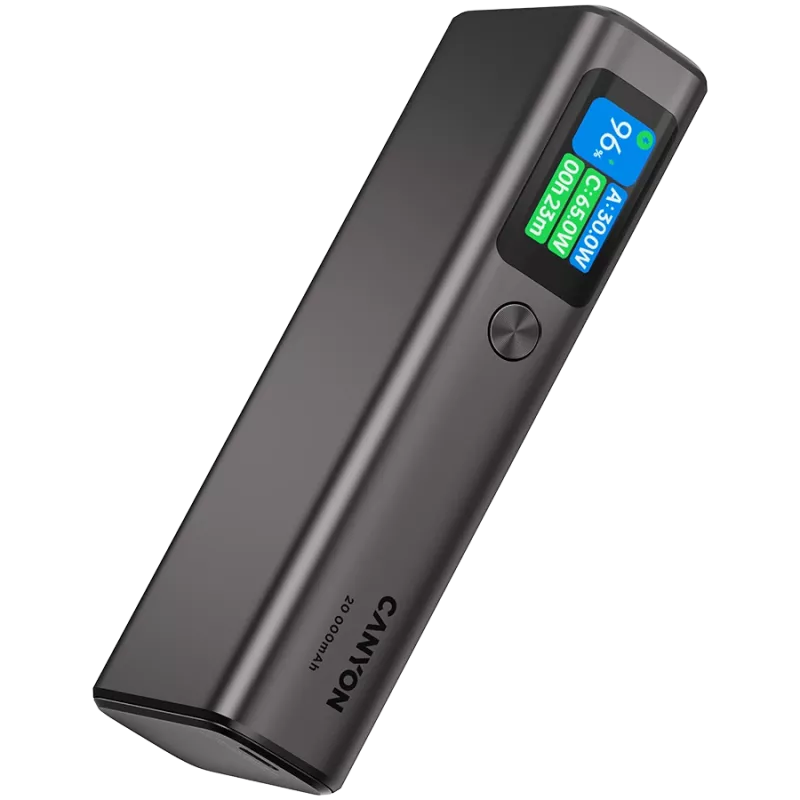 Canyon OnPower 230 TFT išorinė baterija, 20000 mAh, PD 130 W, 2x USB-C + USB-A, metalinis korpusas, tamsiai pilka