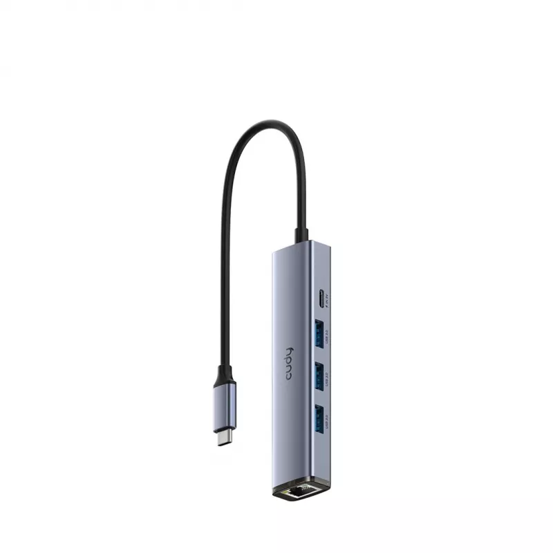 USB-C šakotuvas Cudy UH605 su Gigabit LAN, 3x USB-A 3.0, USB-C maitinimo įvestimi, pilkas