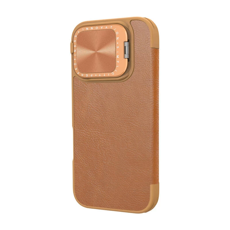 Apsauginis aplanko tipo dėklas Nillkin Qin Prop Leather, skirtas iPhone 16, rudas, su integruotu stovu