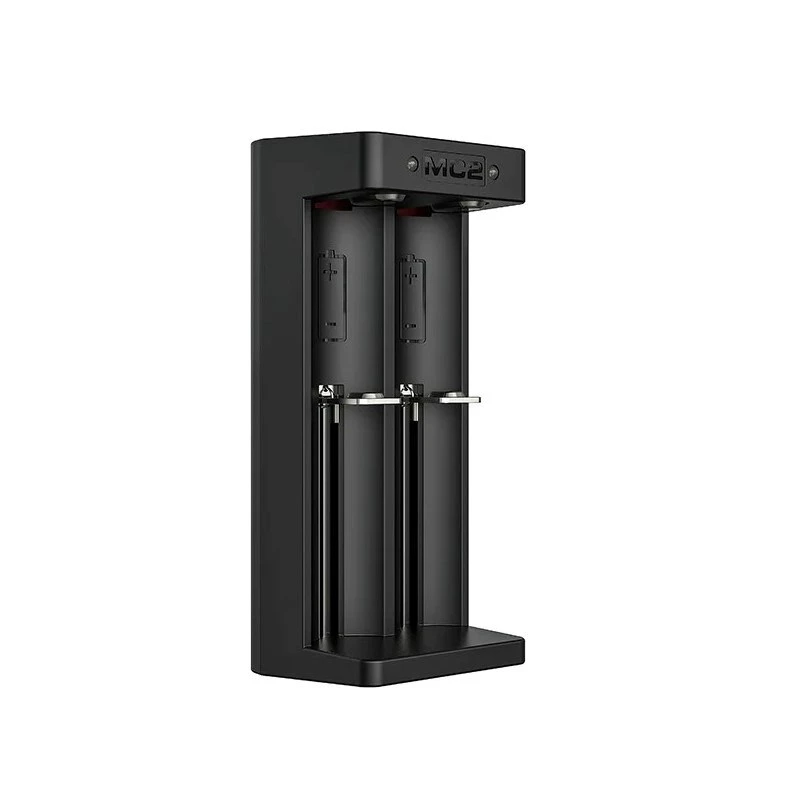 XTAR dviejų lizdų Li-ion baterijų įkroviklis 18650 elementams, USB-C įvestis, 2 lizdai, juodas, LED indikatoriai