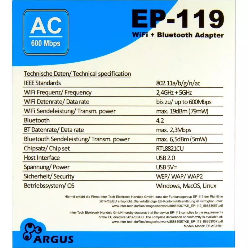 USB Wi‑Fi / Bluetooth adapteris INTER-TECH EP-119, Wi‑Fi 5 (802.11ac) dviejų dažnių 600 Mbit/s