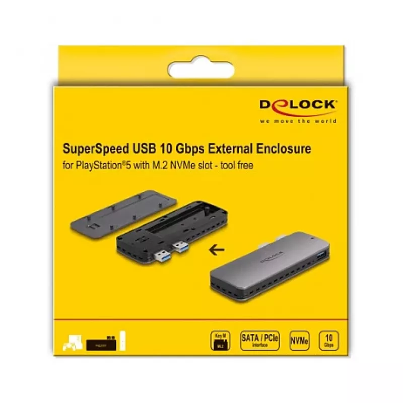 SSD korpusas DeLOCK USB 3.2 Gen 2 skirtas PlayStation5 M.2 NVMe be įrankių