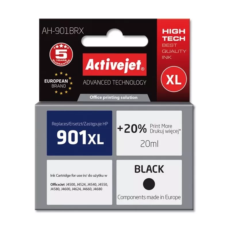Activejet AH-901BRX rašalas (pakaitalas HP 901XL CC654AE; Premium; 20 ml; juodas)