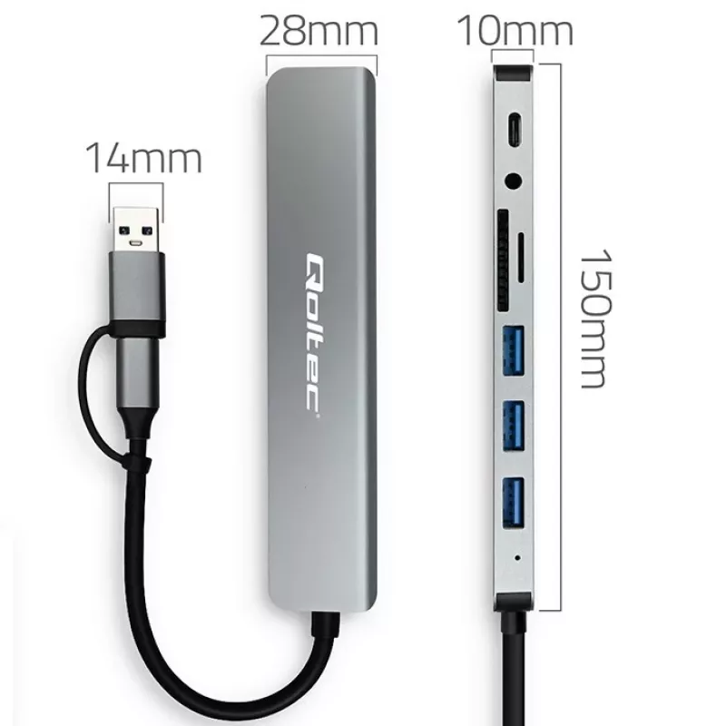 QOLTEC USB-C šakotuvas 4x USB + SD/TF kortelių skaitytuvas modelis 53794