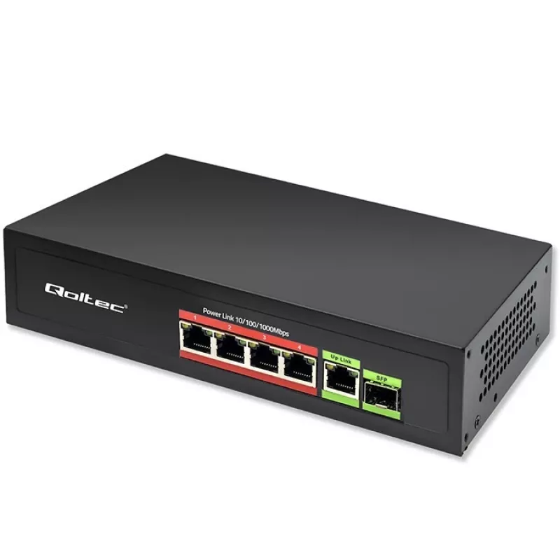 Ethernet PoE komutatorius QOLTEC 52296 — 4x RJ45 PoE prievadai, 1x RJ45 aukštyninė jungtis