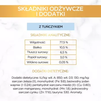 Šlapias kačių maistas Purina GOURMET Gold Adult Tuna 85 g skardinė, baltymai 10,5 %, riebalai 7 %, drėgmė 77,5 %