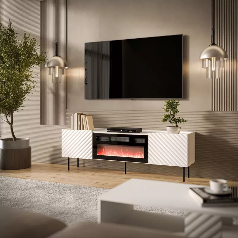 TV spintelė cama meble LUCCA 180x40x59 cm, baltas viršus ir rėmas, juodas elektrinis židinys