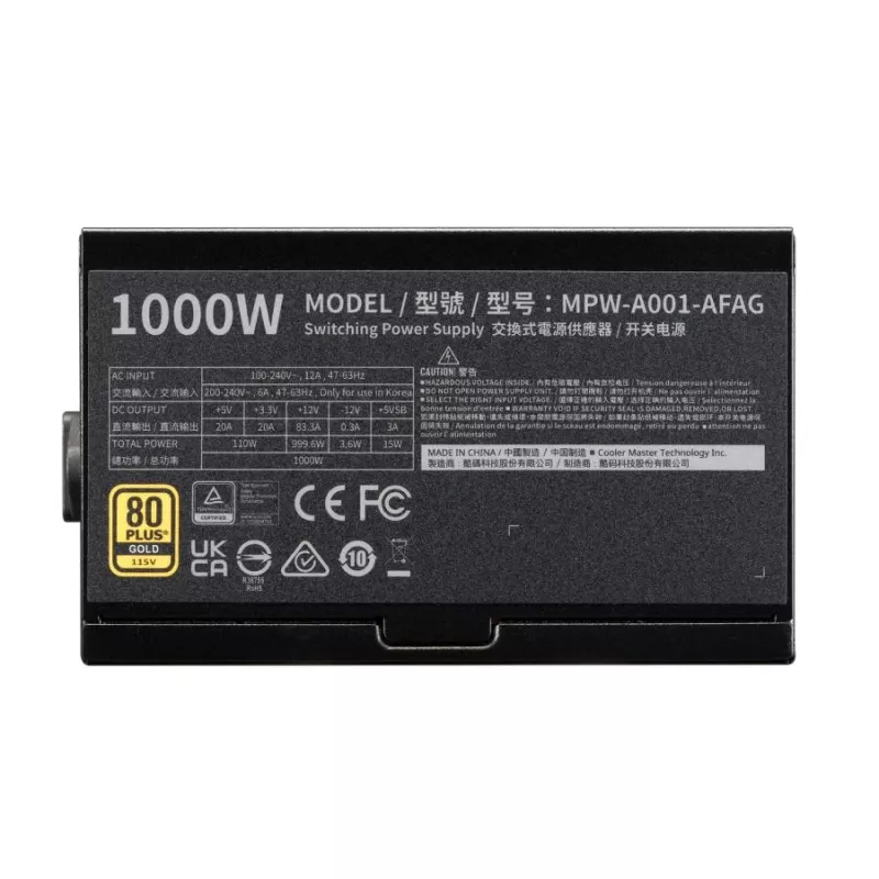 Cooler Master MPW-A001-AFAG-BEU Gold 80+ 1000W PSU, INTEL ATX 3.1, 135mm, FDB ilgaamžis guolis ventiliatorius