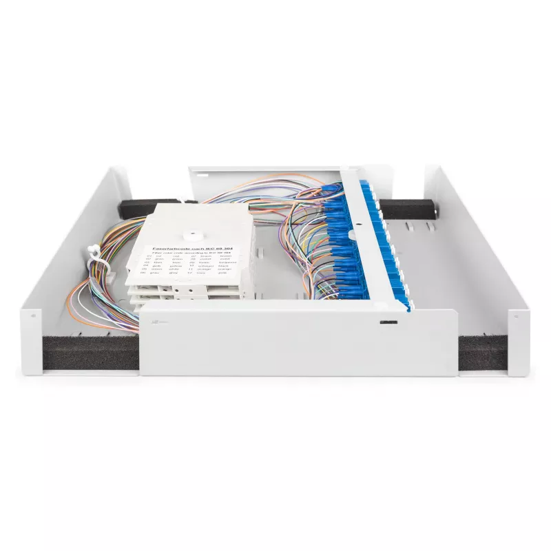 Prie sienos montuojamas šviesolaidinis korpusas DIGITUS DN-96843M-OS2, vienmodis, surinktas, 24×LC DX adapteriai su sujungimo laidais, plieninis, pilkas, 320×54×280 mm