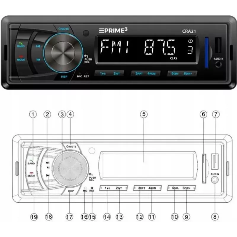 Automobilinis FM radijo imtuvas PRIME3 CRA21 BT su Bluetooth, FM imtuvu ir Bluetooth ryšiu