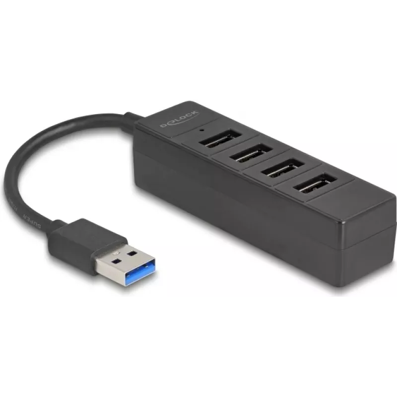 USB šakotuvas DELOCK 64350 — 4 prievadų USB 3.2 Gen 1 (Type-A), 5000 Mbit/s, 5 V/0,9 A, ABS, juodas