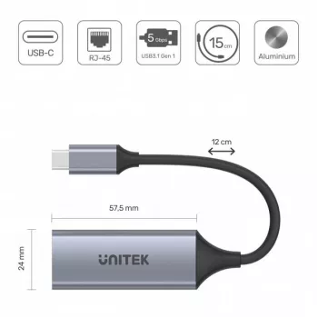Tinklo sąsajos plokštė Unitek U1312A, IEEE 802.3, pilka, 0,5 m kabelis