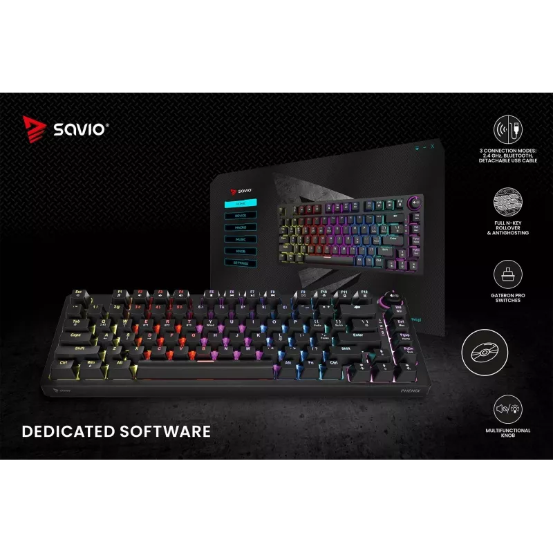 Savio Phenix SAVGK-RED klaviatūra, skirta žaidimams, USB, RF belaidė, Bluetooth, QWERTY