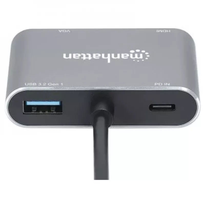 Manhattan USB-C dokas / šakotuvas, prievadai (x4): HDMI, USB-A, USB-C ir VGA, su Power Delivery (PD) 87 W – reikalingas išorinis USB-C įkroviklis (nepridedamas). Maitinamas per USB (nereikia išorinio maitinimo šaltinio), kai PD nenaudojamas, aliuminis