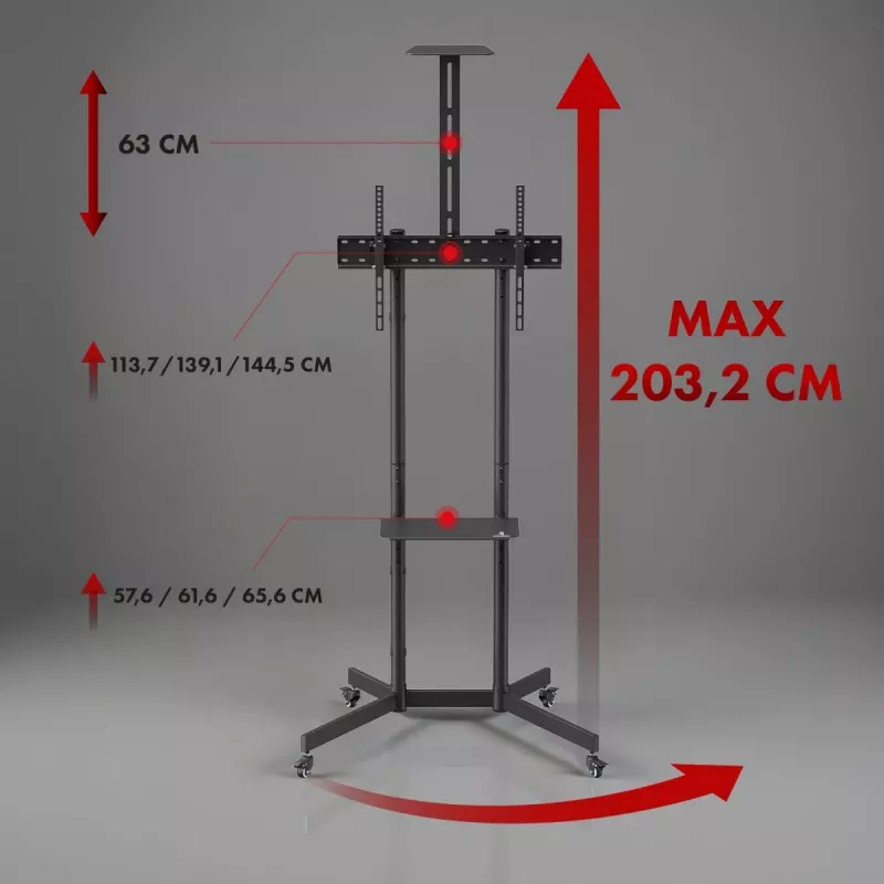 Maclean televizoriaus stovas / vežimėlis, lentyna kamerai, ant ratukų, 37-70, maks. apkrova 45kg/5kg lentyna, maks. VESA 600x400, MC-113 B