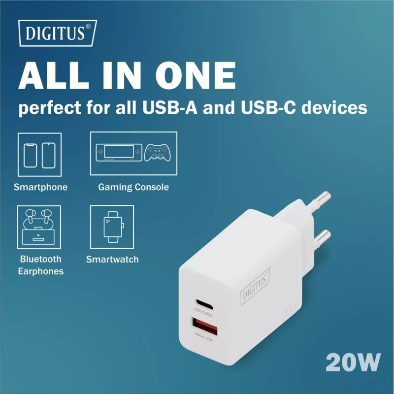 Kintamosios srovės USB įkroviklis DIGITUS 20 W, 1x USB-C, 1x USB-A, įvestis 100–240 V, baltas