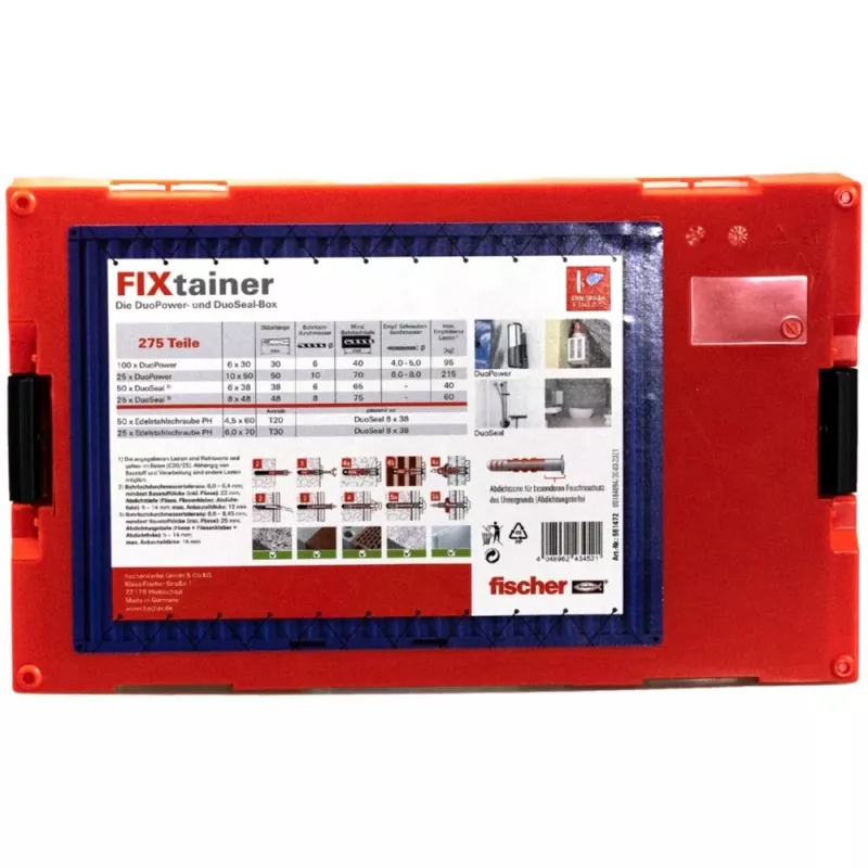 FixTainer - DUOPOWER & DUOSEAL + varžtai, sienų kaištis šviesiai pilkas/raudonas, 275 vnt.